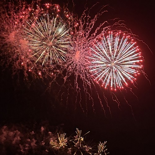 A photo of the fire works going off in the Sky 